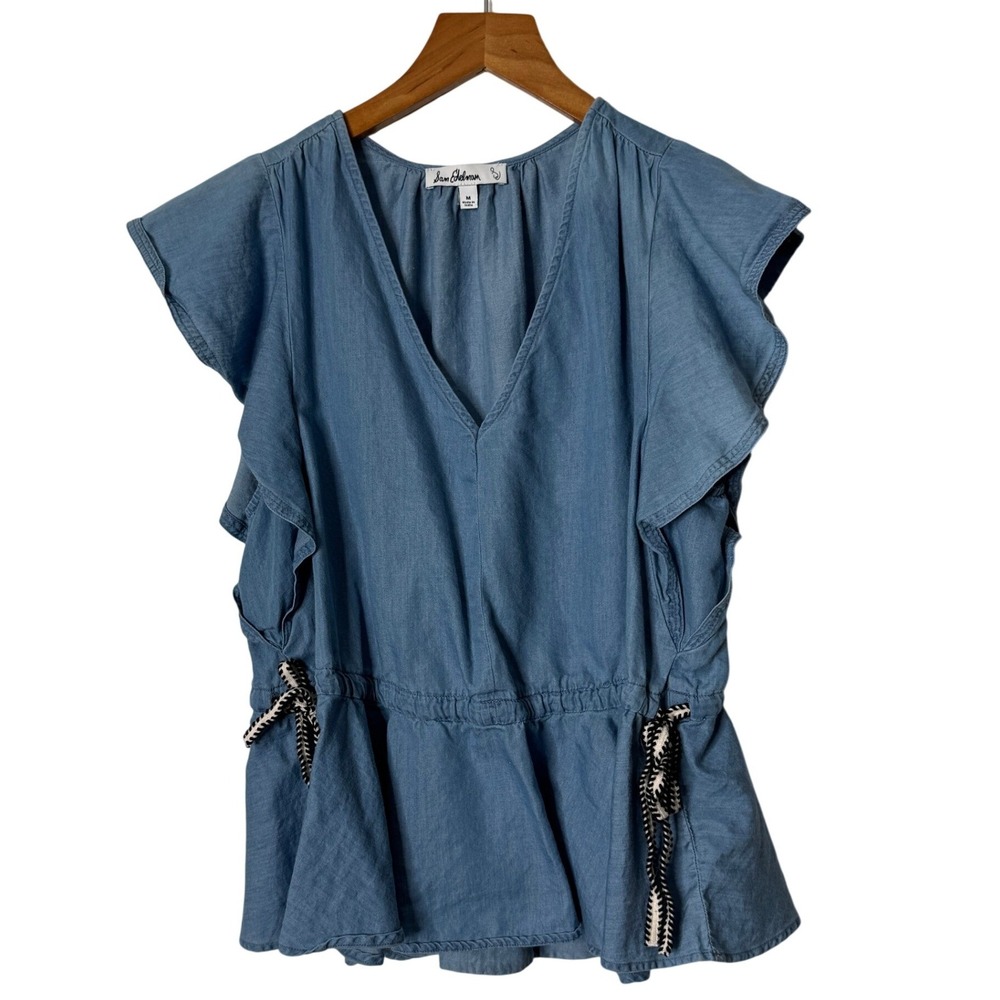 Sam Edelman Blue Chambray Ruffle Sleeve Peplum Top V-Neck Cinched Waist Medium